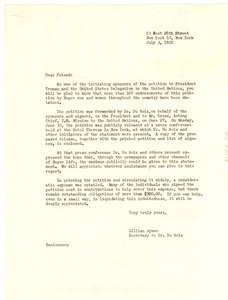 Circular letter from Lillian Hyman to unidentified correspondent