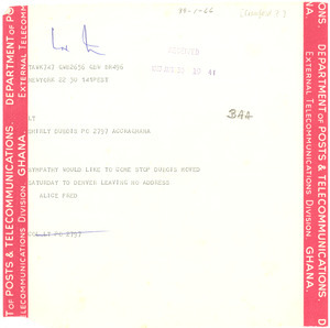 Telegram from Alice Crawford to Shirley Graham Du Bois