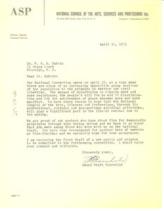 Letter from National Council of the Arts, Sciences and Profession to W. E. B. Du Bois