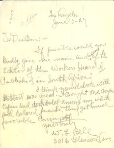 Letter from W. L. Bell to W. E. B. Du Bois