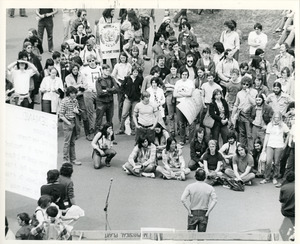 Board of Trustees fee increase demonstration: Economics professor Samuel Bowles speaking to protesters