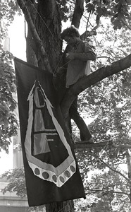 Gay liberation demonstration at Cambridge Common: man hanging Gay Liberation Front flag