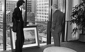 Mayor Kevin White at City Hall with unidentified man and painting