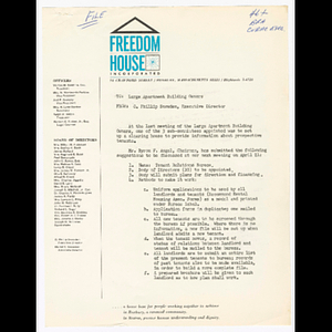 Letter from Otto Snowden to Washington Park apartment home owners about topics to be discussed during meeting on April 21, 1964