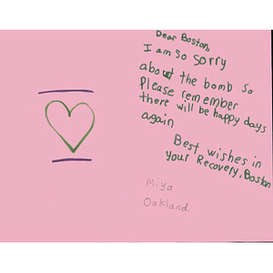 Card addressed to Boston from an Oakland child