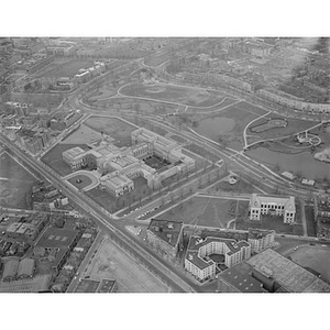 Huntington Avenue, Fens (Fenway) area, Museum of Fine Arts in center, adjacent building, Boston, MA