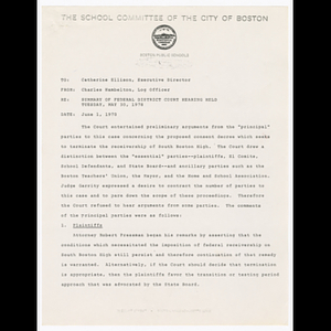 Memorandum from Charles Hambelton to Catherine Ellison about federal district court hearing held May 30, 1978