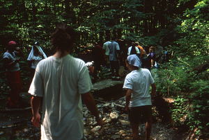 Weir Day 2001. Main Stem Birch Brook students assemble at weir commence annual excavation.