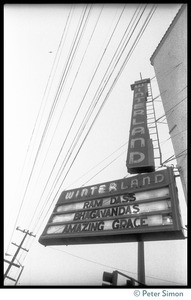 Neon sign outside the Winterland Ballroom advertising the 'marathon' by Ram Dass, Bhagavan Das, and Amazing Grace