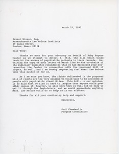 Letter from Judi Chamberlin to Ernest Winsor