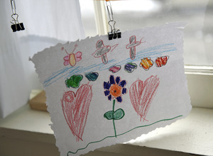 Aftermath of the Congregational Church fire in West Cummington, Mass.: child's drawing of hearts and flowers