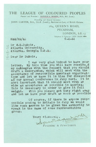 Letter from League of Coloured Peoples to W. E. B. Du Bois