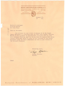 Letter from Seven Arts Feature Syndicate to Herbert J. Seligmann