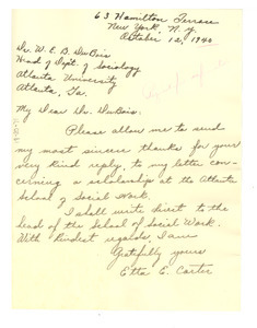 Letter from Etta E. Carter to W. E. B. Du Bois