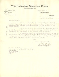 Letter from Barbados Workers' Union to W. E. B. Du Bois