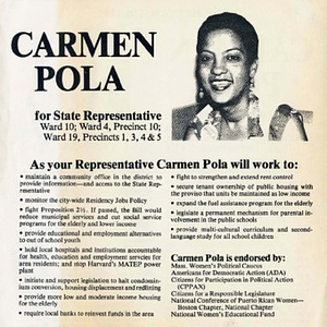 Fliers supporting Carmen Pola's campaign for state representative, with one in English and one in Spanish