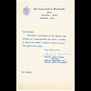 Letter from Samuel Harmon about the report of the Special Commission on a Housing Court for Boston (H 4498)