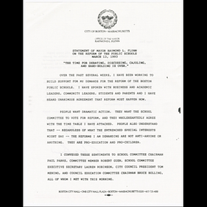 Statement of Mayor Raymond L. Flynn on the reform of the public schools, March 13, 1993