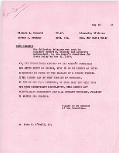 Press release detailing a telegram sent by the Mayor's Committee for Civic Unity to Senators Edward M. Kennedy and Leverett Saltonstall in favor of the Civil Rights Act of 1964