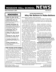 Mission Hill School newsletter, November 13, 2001