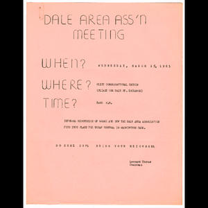 Flier for Dale Area Association meeting to be held March 15, 1961