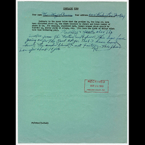 Complaint form from Mary L. Pearson of 2492 Washington Street about factory smoke