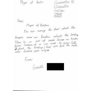 Handwritten Letter of Sympathy to the City of Boston from a 6th Grade Student at Clarecastle National School, Ireland.