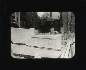 View of the cornerstone during the construction of Suffolk University's Archer Building (20 Derne)