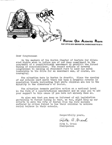 Letter from Restore Our Alienated Rights (ROAR) chairperson Rita Graul to John Joseph Moakley, 1975