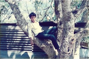 View of a teenage boy sitting in a tree in a rural village in El Salvador