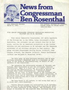 Press Release from Congressman Ben Rosenthal, "Five Senior Congressmen Introduce Resolution Prohibiting Military Aid to El Salvador;" includes a copy of the draft legislation