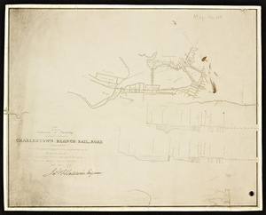 A plan of a part of Charlestown and Cambridge showing two routes for the Charlestown Branch Railroad with a part of Boston to which are appended profiles of the two proposed routes / by Geo. Leonard, Jr., Jas. F. Baldwin, engineer.