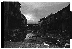 Bomb in the Main Street of Ballynahinch, Co. Down. Shots taken immediately after the bomb blast, almost total destruction of buildings