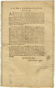 In the House of Representatives, June 7th, 1776 : A Resolve of the late House of Representatives passed on the 10th of May, 1776. That the Inhabitants of each Town in this colony ought in full Meeting warned for that purpose, to advise the Person or Persons who should be chosen to represent them in the next General Court - Whether, should the honorable Congress, for the Safety of the said Colonies, declare them Independent of the Kingdom of Great-Britain...