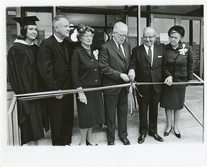 Higgins Hall exterior: dedication with Michael P. Walsh and Stephen P. Mugar