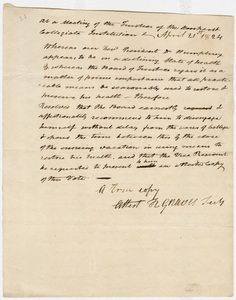 Trustees of the Collegiate Institution resolution regarding the health of Heman Humphrey, 1824 April 21