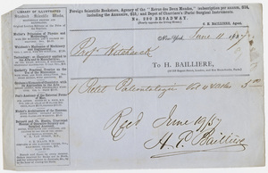 Edward Hitchcock receipt of payment to Hippolyte Bailliere, 1857 June 11