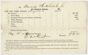 Edward Hitchcock receipt of payment to Amherst College, 1846 August 28