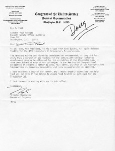 Letter to Senator Paul Tsongas from Nicholas Mavroules regarding Fiscal Year 1985 Budget and the National Marine Fisheries Service in Gloucester, Massachusetts