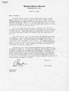 Letter to Colleagues from Carl Levin and Paul Tsongas concerning the 69th anniversary of Armenian Martyrs Day