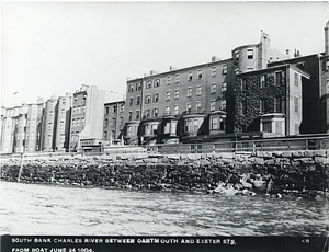 South bank of the Charles River between Dartmouth Street and Exeter Street, from boat