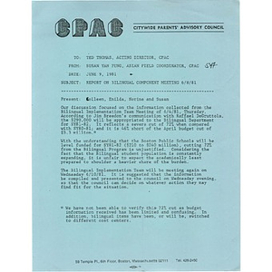 Letter, report on bilingual component meeting 6/8/81.