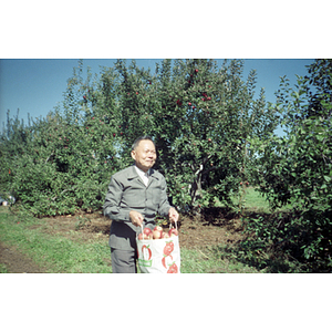 Man in an orchard during a Chinese Progressive Association trip