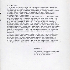 Correspondence announcing the formation of the Boston Chinatown Committee to Demand Normalization of U.S.-China Relations, and inviting participation
