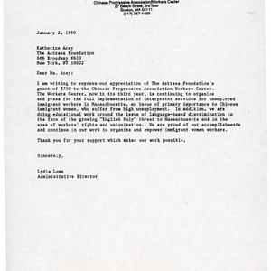 Letter to the Astraea Foundation thanking them for the $750 grant awarded to the Chinese Progressive Association Workers' Center