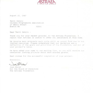 Decision letter from the Astraea Foundation advising of the Foundation's inability to fund the Chinese Progressive Association Workers' Center