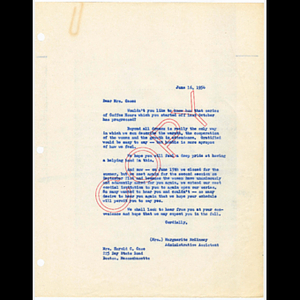 Letter from Marguerite McKinney to Mrs. Harold Case about returning to a Freedom House Coffee Hour