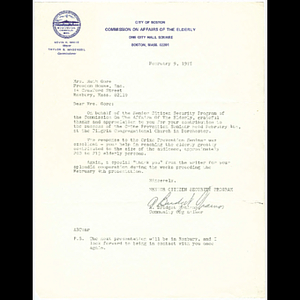 Letter from A. Bridget Trainor of the City of Boston Commission on Affairs of the Elderly to Ruth Gore about crime prevention seminar