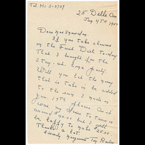 Letter from Marguerite Bailey to Muriel Snowden about the Stay-at-Home Party