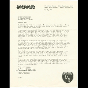 Letter from Gunnar Peterson of Michaud to Ruth Gore about Roxbury Goldenaires chartering of bus